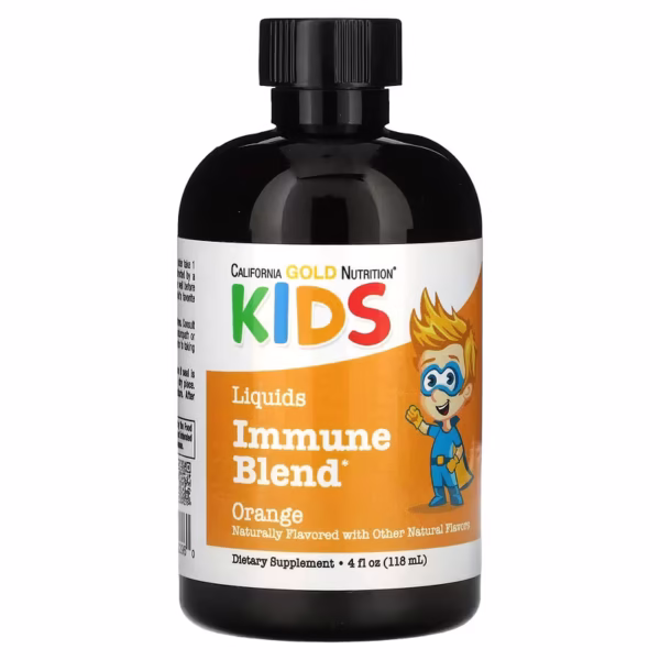 california gold nutrition, рідка суміш для зміцнення імунітету, з екстрактами листя маслини й звіробою і колоїдним сріблом для дітей, без спирту, апельсин, 118 мл