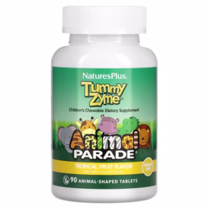 naturesplus, source of life, animal parade, tummy zyme з активними ферментами, цільними продуктами та пробіотиками, натуральний смак тропічних фруктів, 90 таблеток в формі тварин