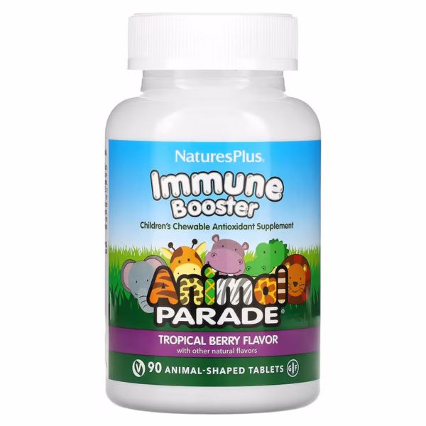 naturesplus, source of life, animal parade, kids immune booster, добавка для зміцнення імунітету у дітей, натуральний смак тропічних ягід, 90 тварин