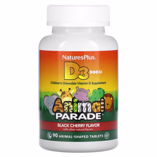 naturesplus, animal parade, вітамін d3, вишня, 12,5 мкг (500 МО), 90 таблеток у формі тварин