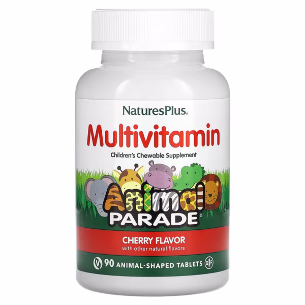 naturesplus, source of life, animal parade, жувальна добавка з мультивітамінами та мікроелементами для дітей, смак вишні, 90 таблеток у формі тварин